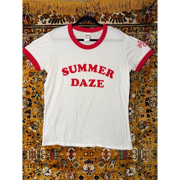 PINK Victoria's Secret Tops - PINK Victoria's Secret "Summer Daze" Red Ringer Graphic Tee Size L